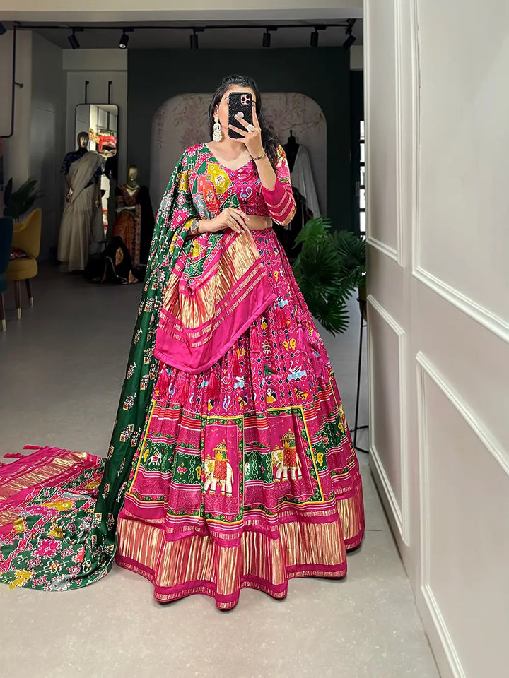 Rani Pink Traditionally Printed Gaji Silk Lehenga Choli | Ready To Wear - qivii