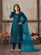 Teal Blue Net Salwar Suit With Thread & Sequence Embroidery Work