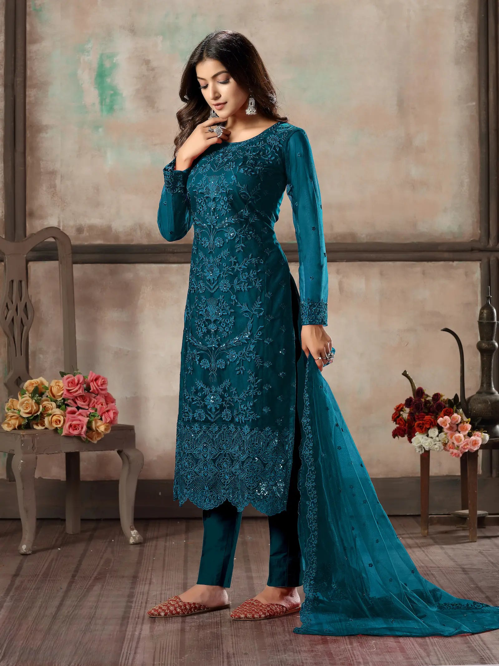 Teal Blue Net Salwar Suit With Thread & Sequence Embroidery Work