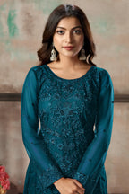 Teal Blue Net Salwar Suit With Thread & Sequence Embroidery Work