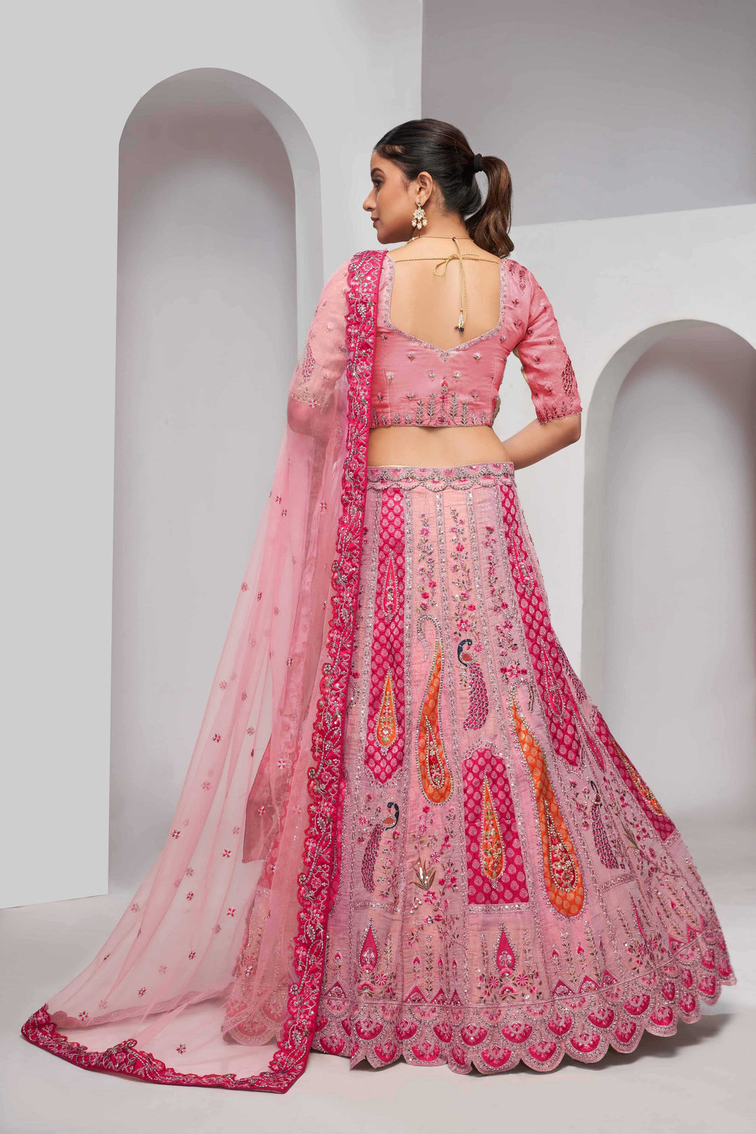 Elegant Rose Pink Silk Lehenga Choli with Peacock & Paisley Motifs - qivii