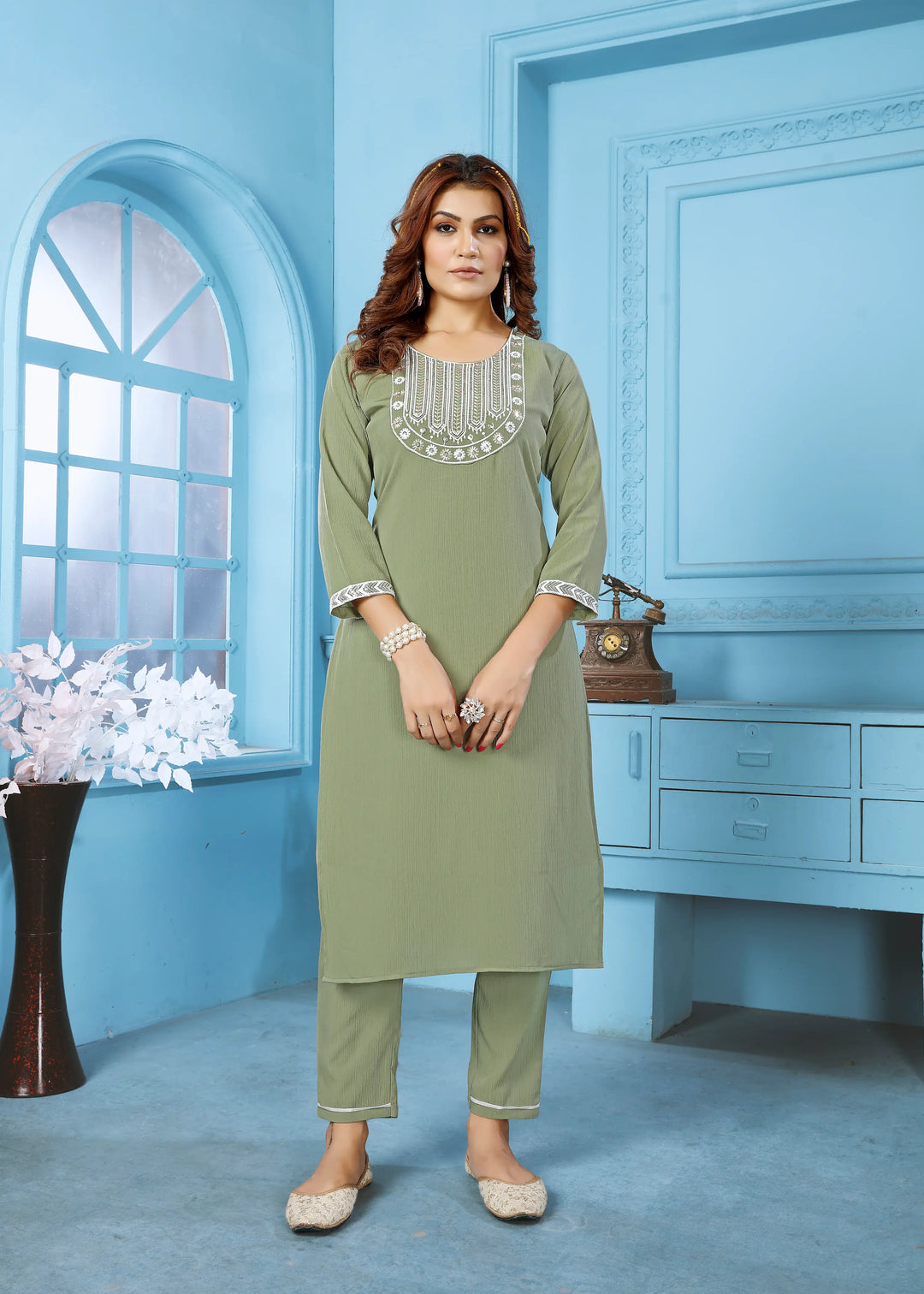 Mint Green Set With Embroidery Work - qivii