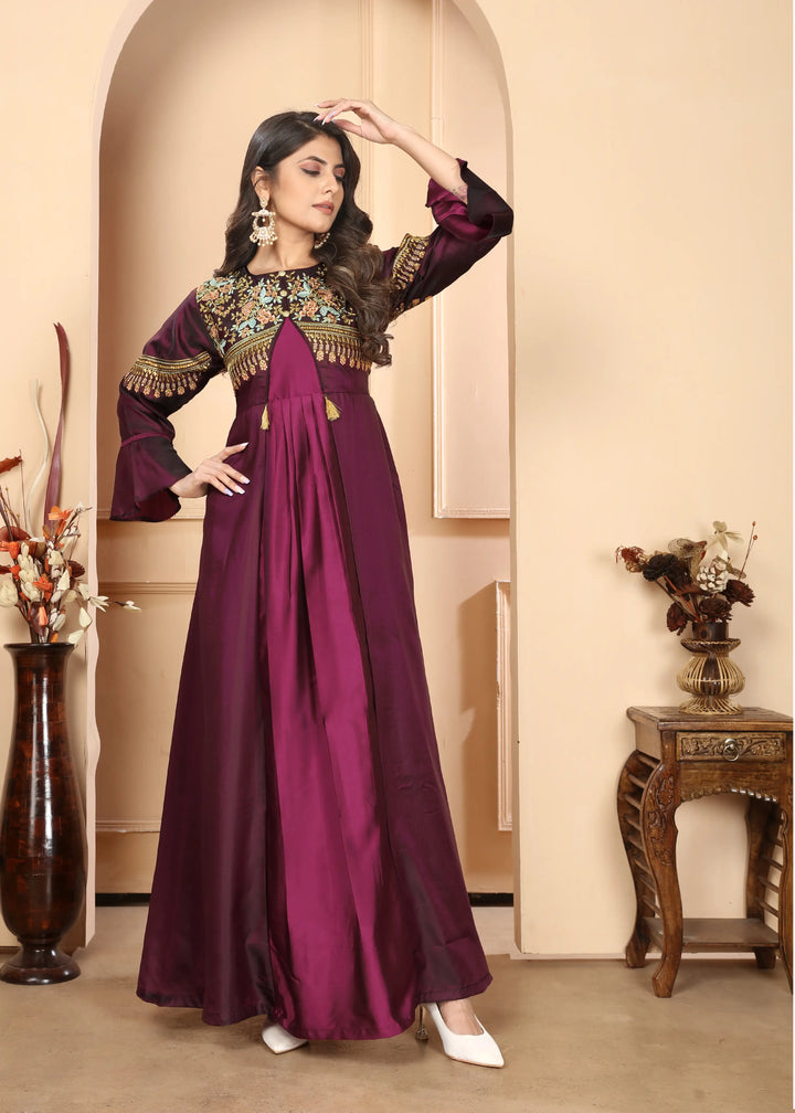 Dark Purple Gown With Heavy Embroidery Work - qivii