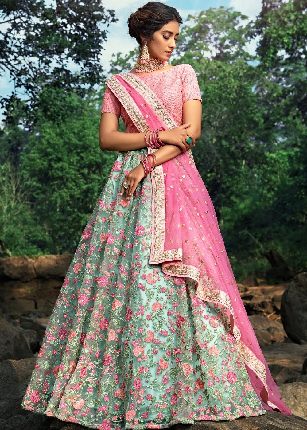 Pista Green & Pink Designer Soft Net Lehenga Choli with Sequins, Thread & Zari work | Ready To Wear - qivii