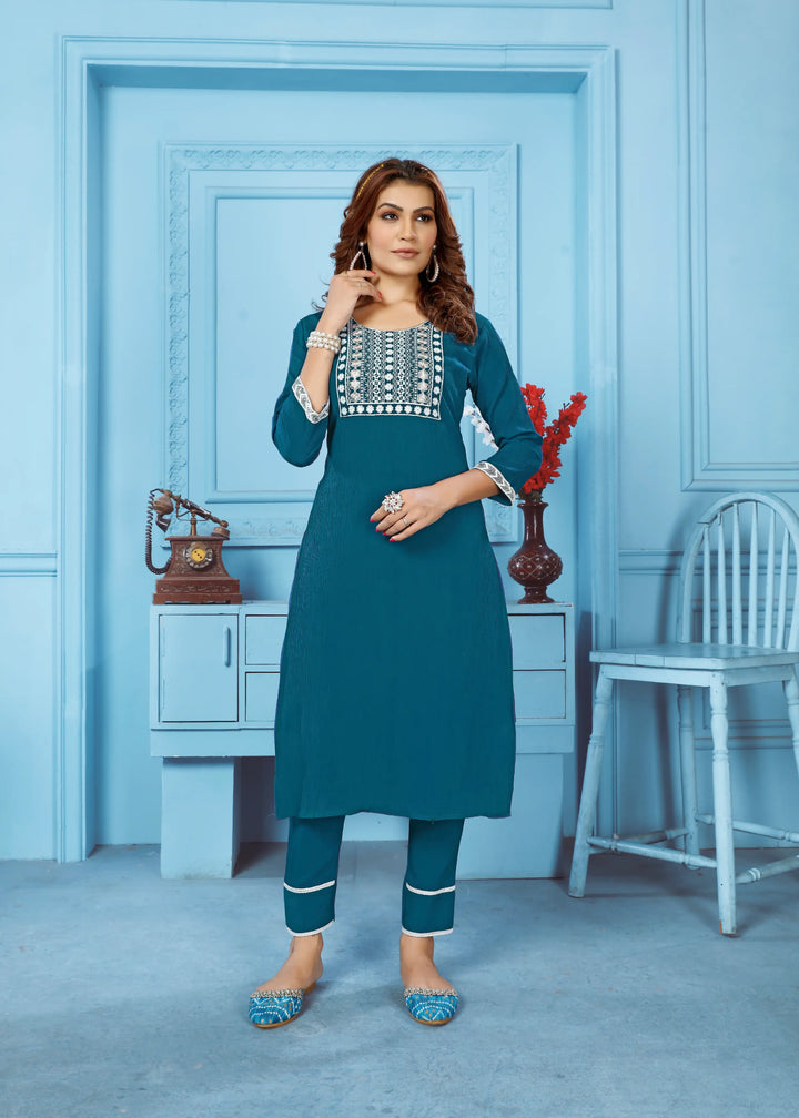 Cyan Blue Kurta Set With Embroidery Work - qivii