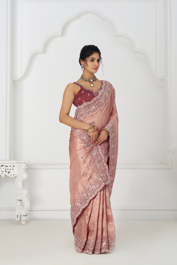 Latest Pink Pure Dola Silk Saree With Sequins And Beads Embroidery For Brides - qivii