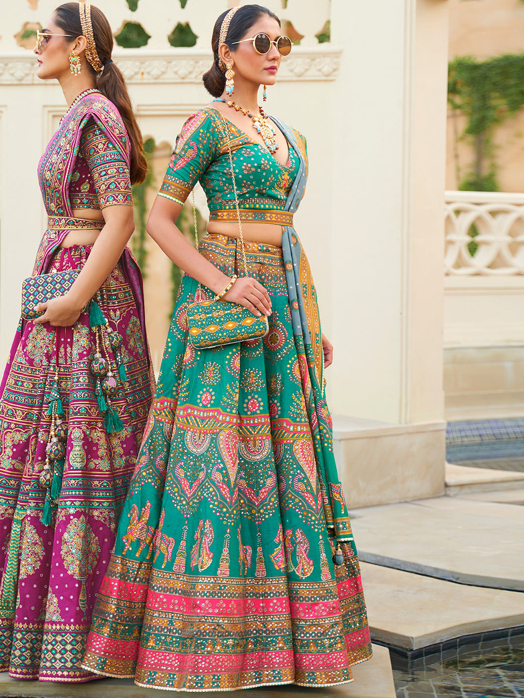 Turquoise Blue Designer Silk Ready to Wear Lehenga Choli With Sparkle & Mirror Work - qivii