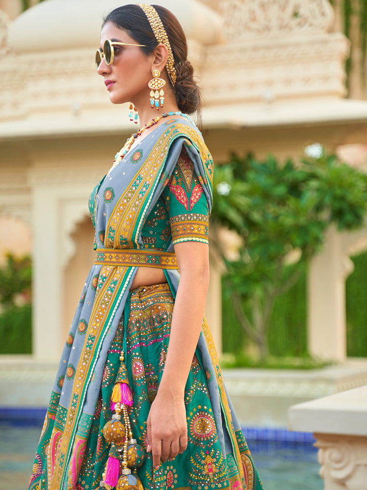 Turquoise Blue Designer Silk Ready to Wear Lehenga Choli With Sparkle & Mirror Work - qivii