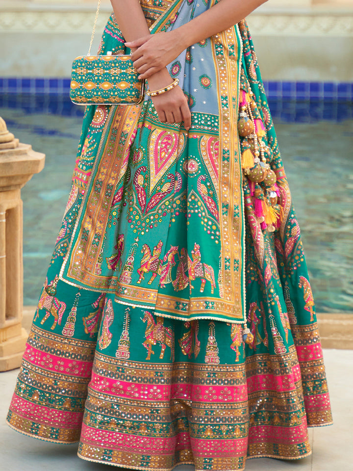 Turquoise Blue Designer Silk Ready to Wear Lehenga Choli With Sparkle & Mirror Work - qivii