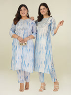 Janasya Women's Plus Size Blue Silk Blend Tie & Dye Yoke Embroidered Straight Kurta Pant Set