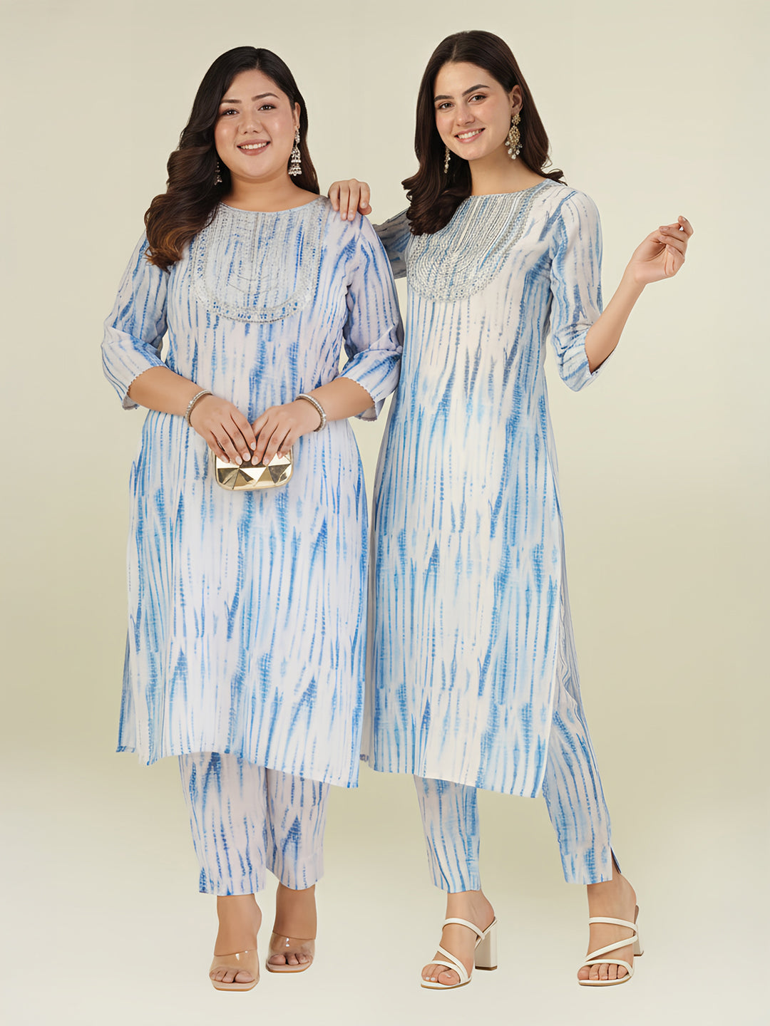 Janasya Women's Plus Size Blue Silk Blend Tie & Dye Yoke Embroidered Straight Kurta Pant Set