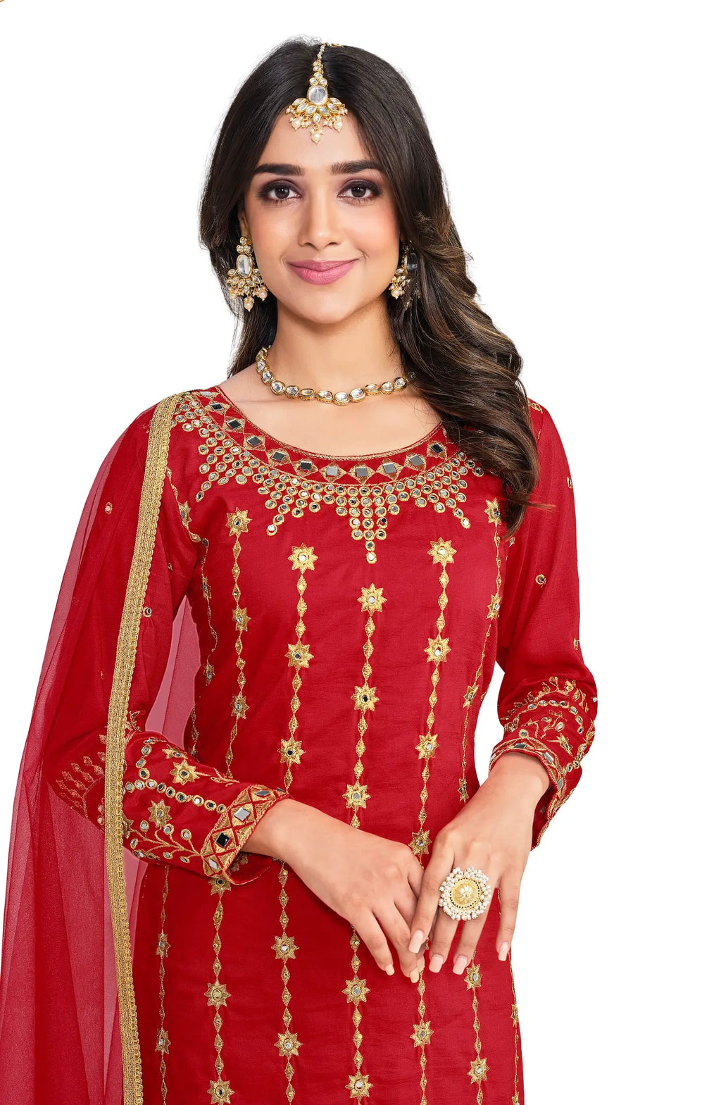 Red Bitalian Soft Silk Embroidery & Mirror Work Salwar Suit
