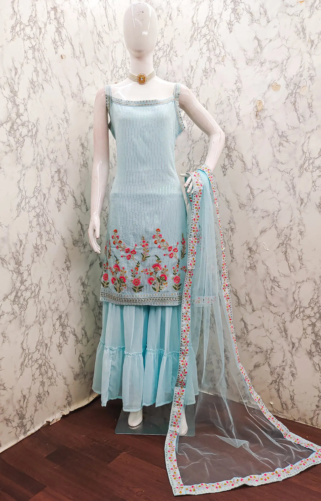 Sky Blue Georgette Sequence Embroidery Work Salwar Suit