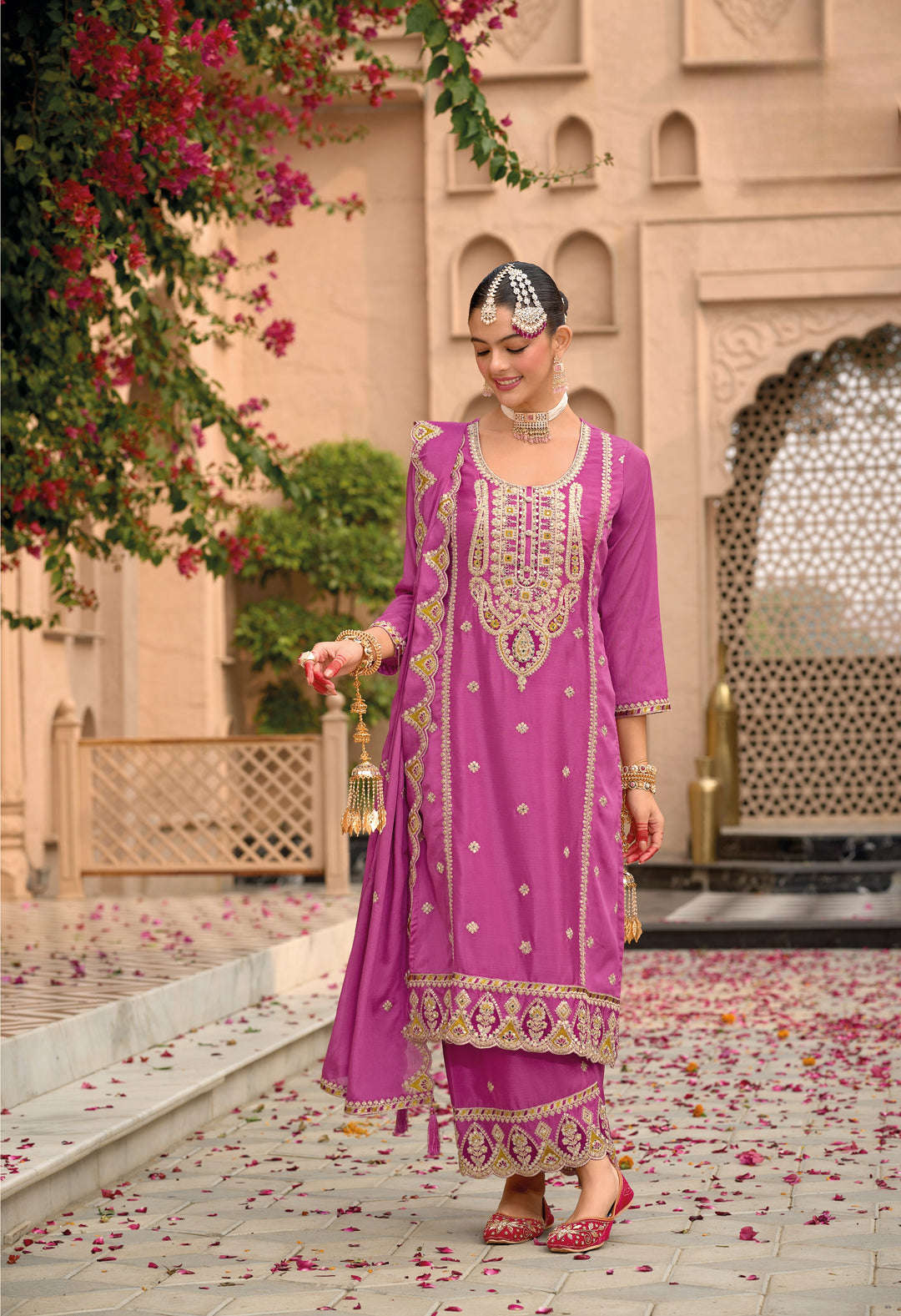 Rani Pink Hevey Chinon with emboidery work Palazzo Suit - qivii