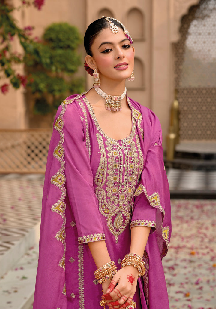 Rani Pink Hevey Chinon with emboidery work Palazzo Suit - qivii