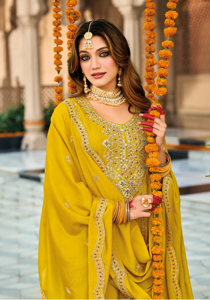 Yellow Hevey Chinon with emboidery work Salwar Suit - qivii