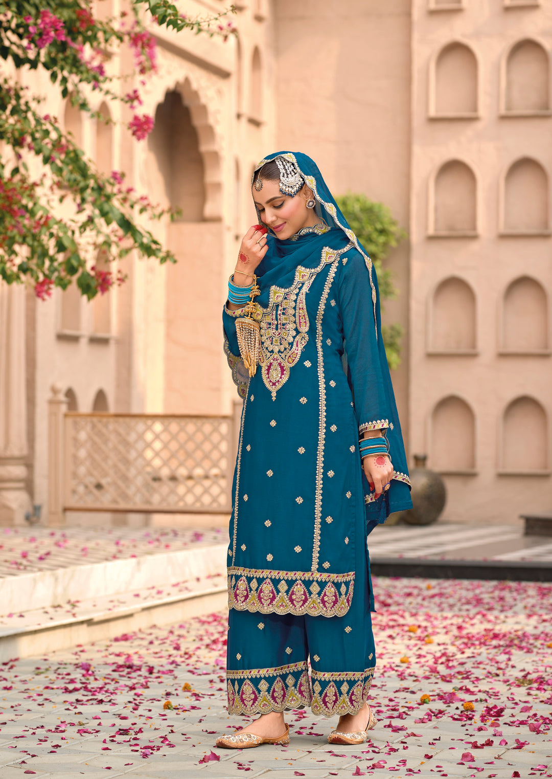 Teal Blue Hevey Chinon with emboidery work Palazzo Suit - qivii