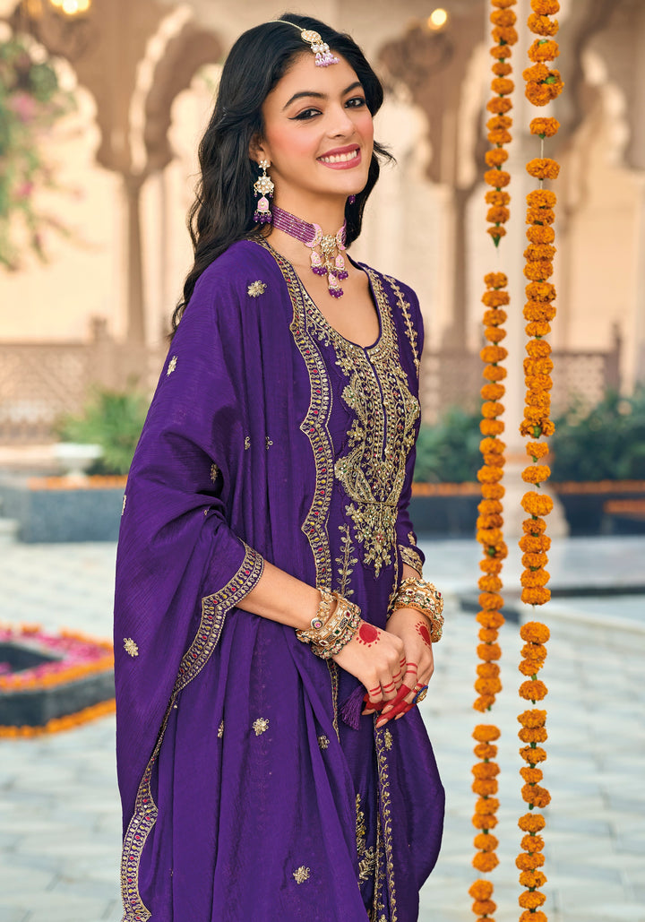 Purple Hevey Chinon with emboidery work Salwar Suit - qivii