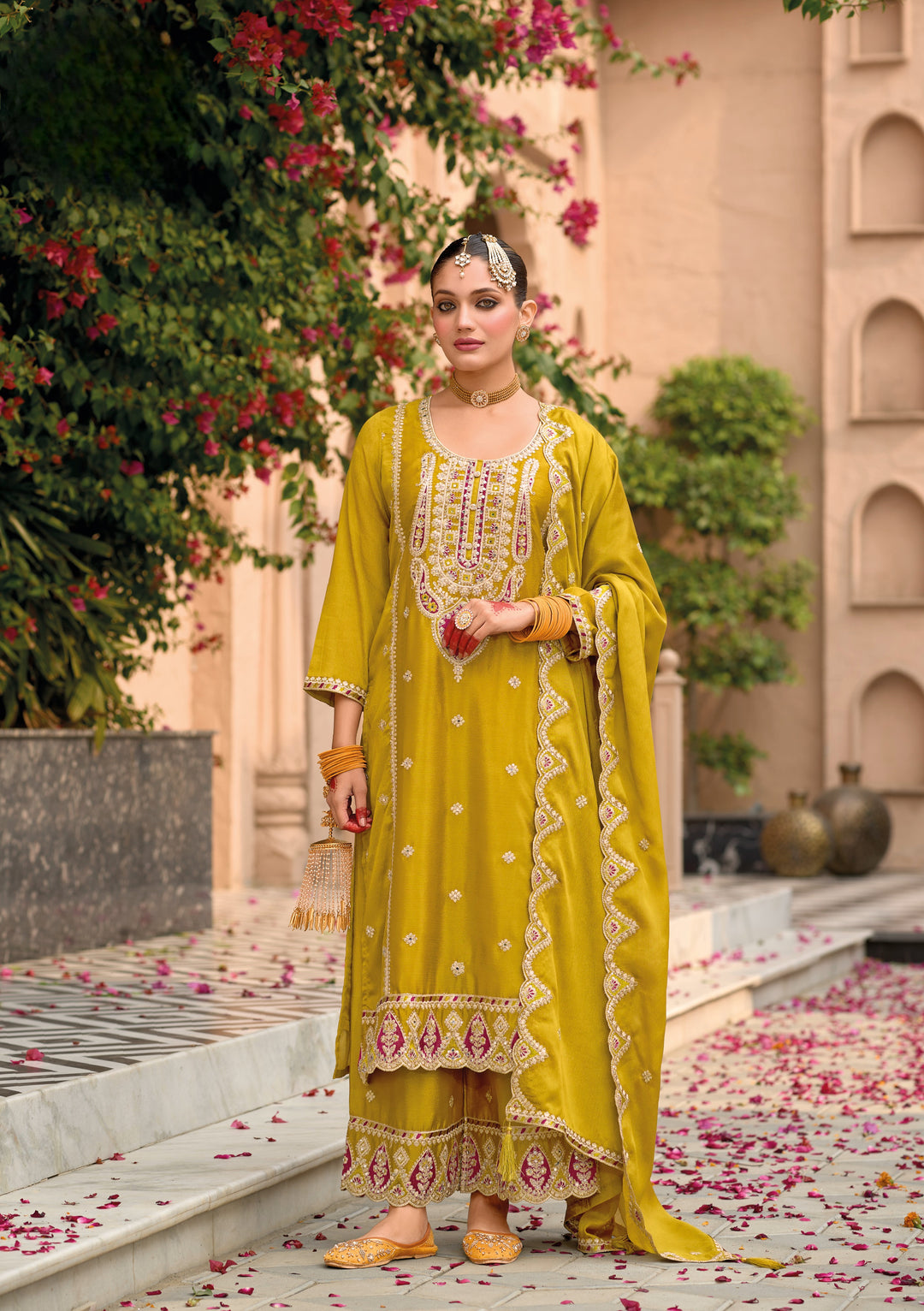Yellow Hevey Chinon with emboidery work Palazzo Suit - qivii
