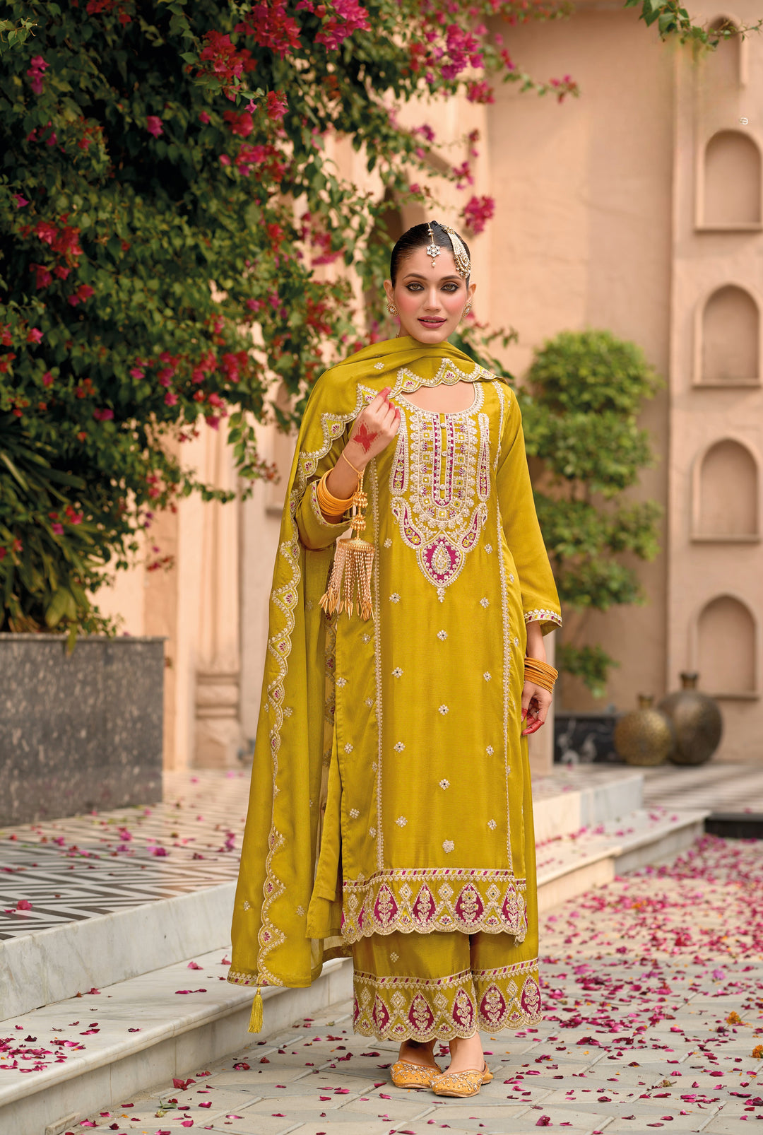 Yellow Hevey Chinon with emboidery work Palazzo Suit - qivii