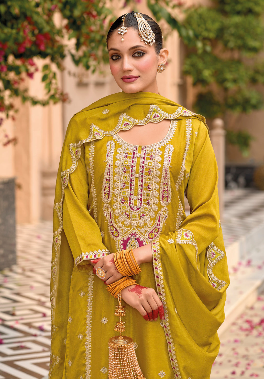 Yellow Hevey Chinon with emboidery work Palazzo Suit - qivii