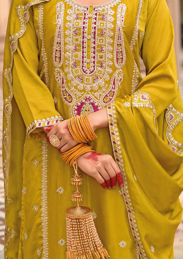 Yellow Hevey Chinon with emboidery work Palazzo Suit - qivii