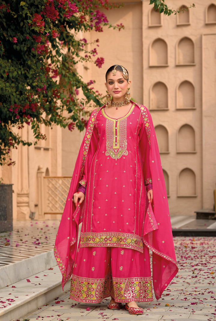 Pink hevey Chinon with emboidery work Palazzo suit - qivii