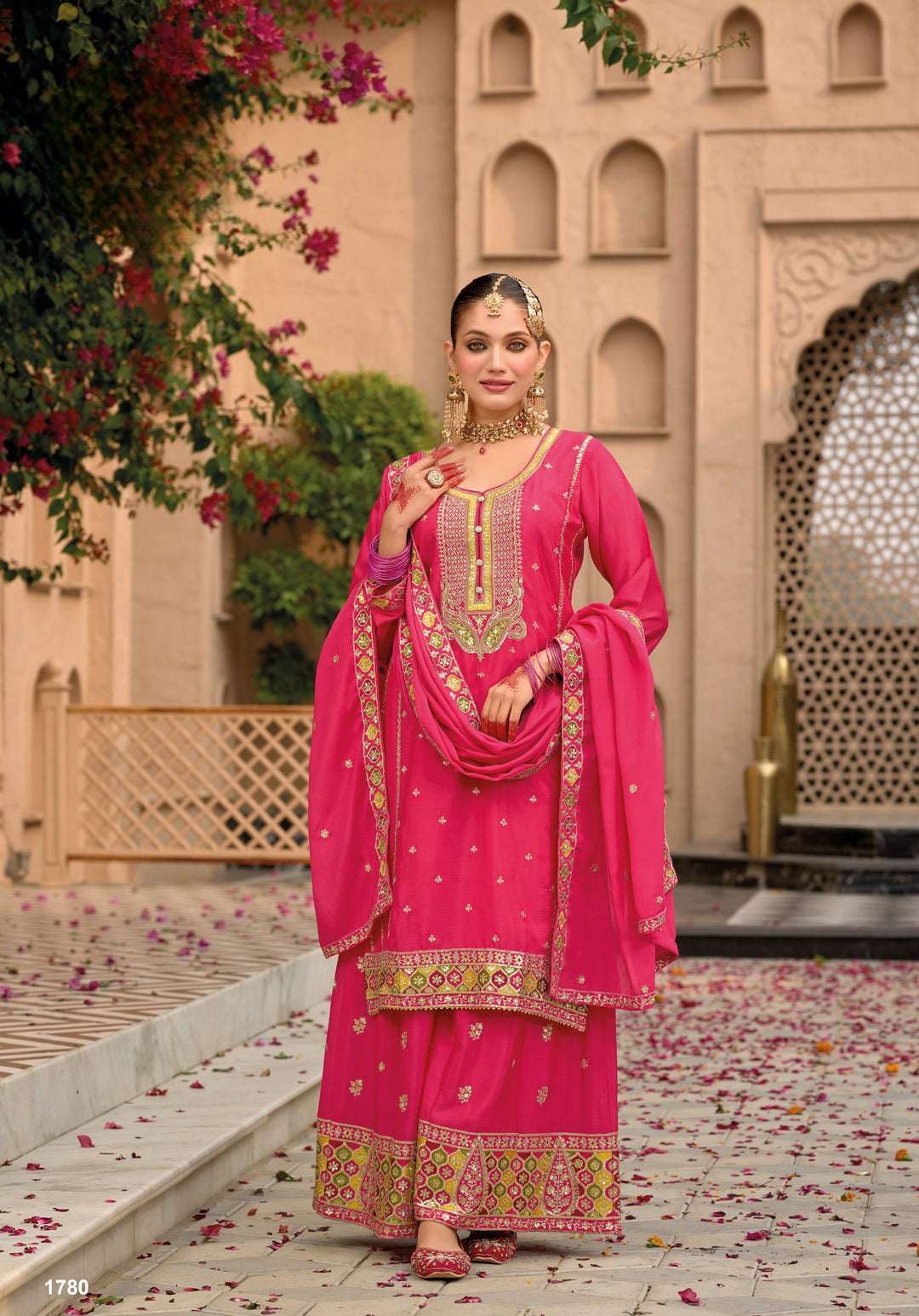 Pink hevey Chinon with emboidery work Palazzo suit - qivii