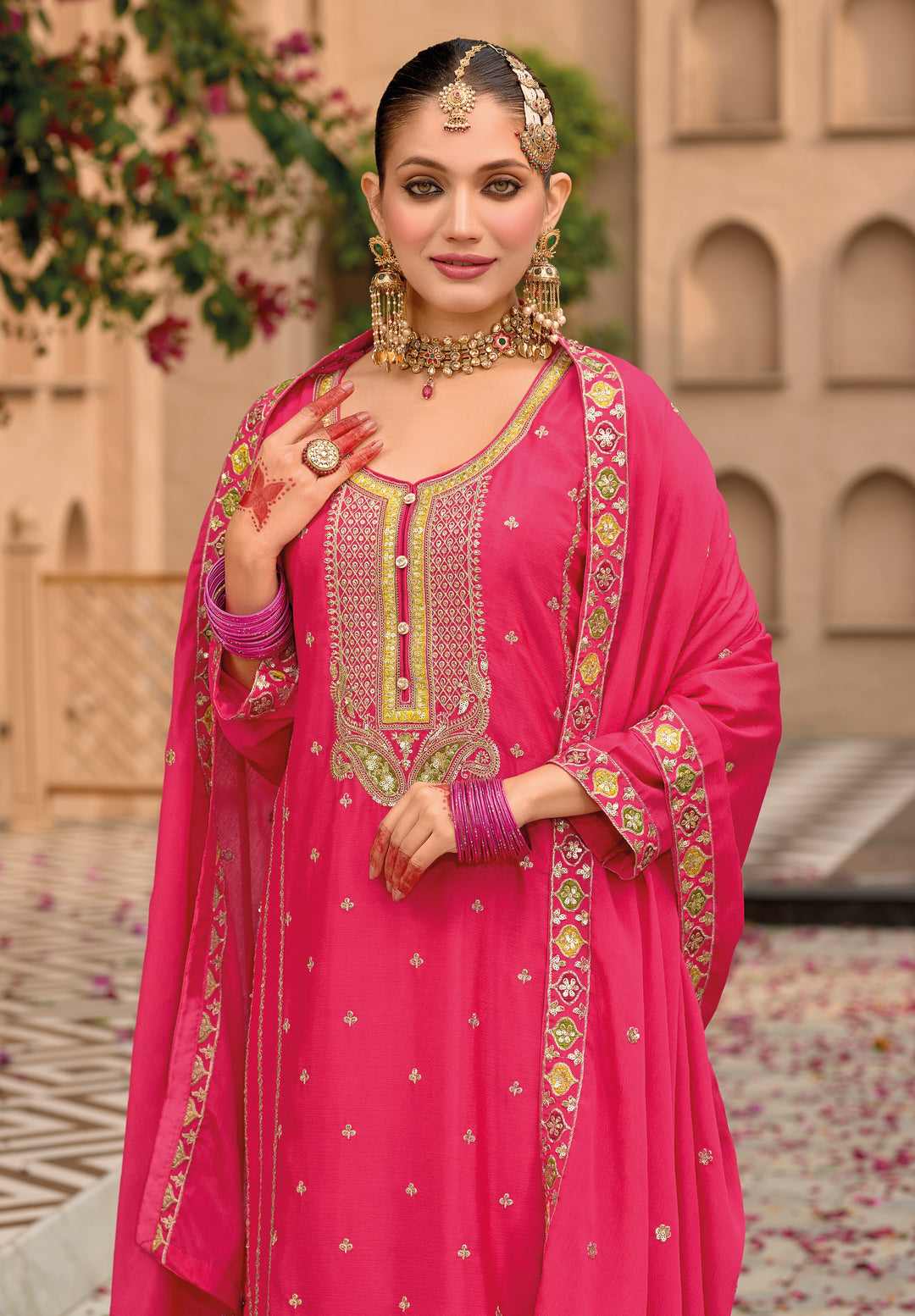 Pink hevey Chinon with emboidery work Palazzo suit - qivii