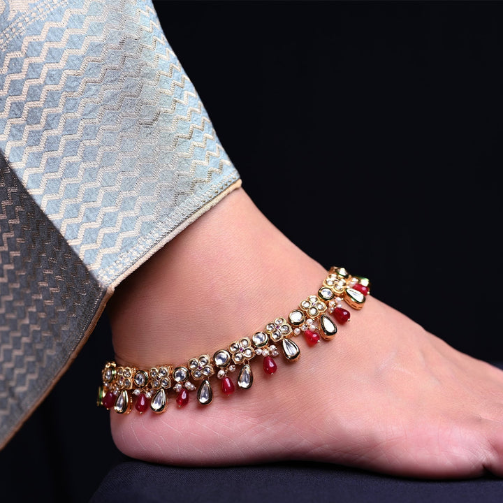 Nupoor Ruby Gold Plated Kundan Anklet - qivii