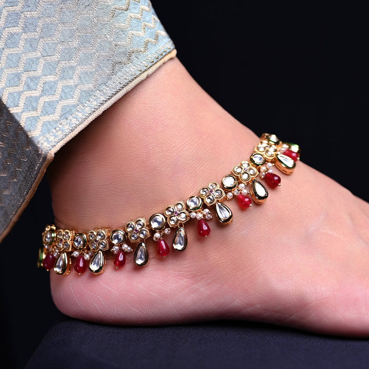 Nupoor Ruby Gold Plated Kundan Anklet - qivii
