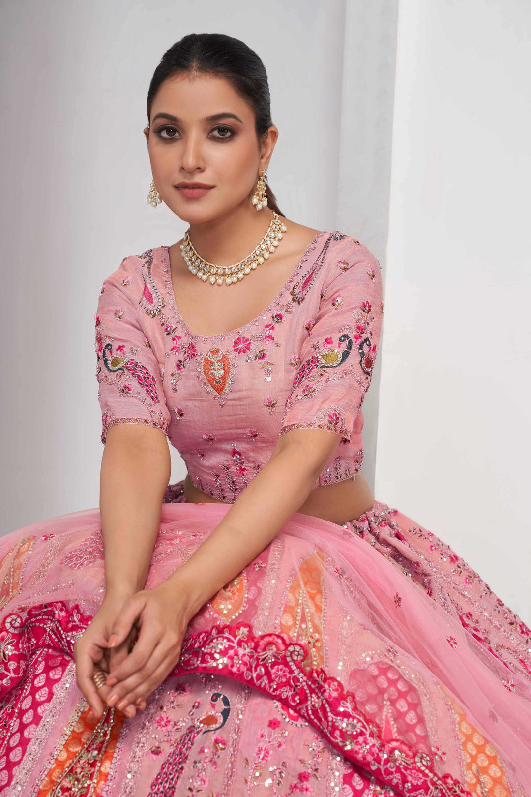 Elegant Rose Pink Silk Lehenga Choli with Peacock & Paisley Motifs - qivii