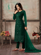 Green Net Salwar Suit With Thread & Sequence Embroidery Work