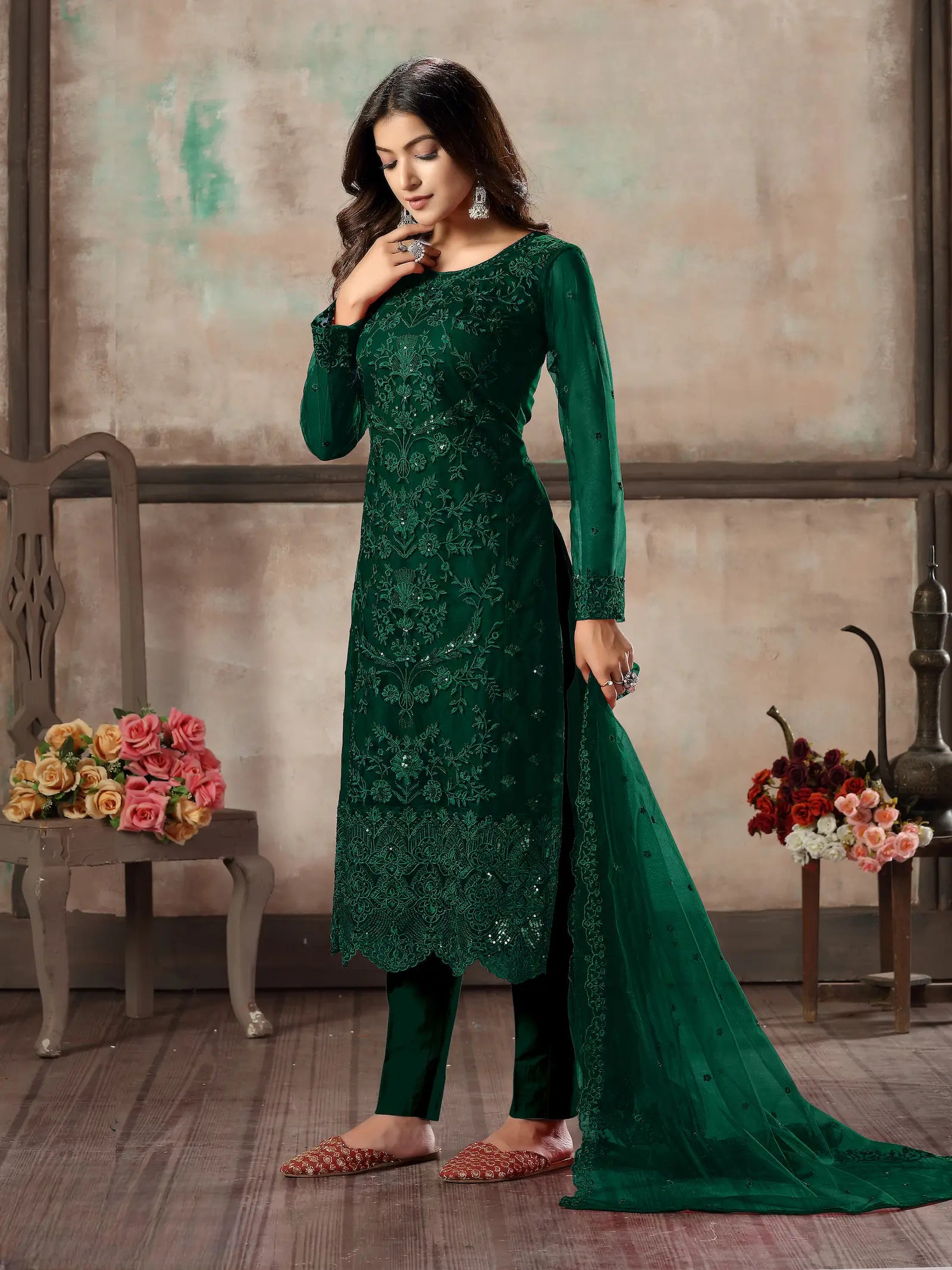 Green Net Salwar Suit With Thread & Sequence Embroidery Work
