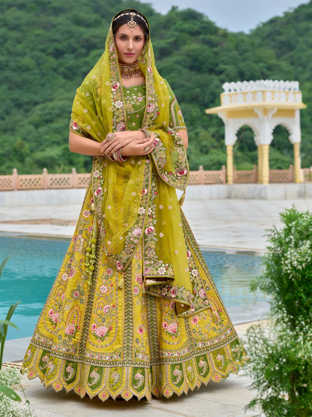 Mehendi-Green Shaded Heavy Designer Embroidered Patchwork Silk Semi Stitched Lehenga Choli - qivii
