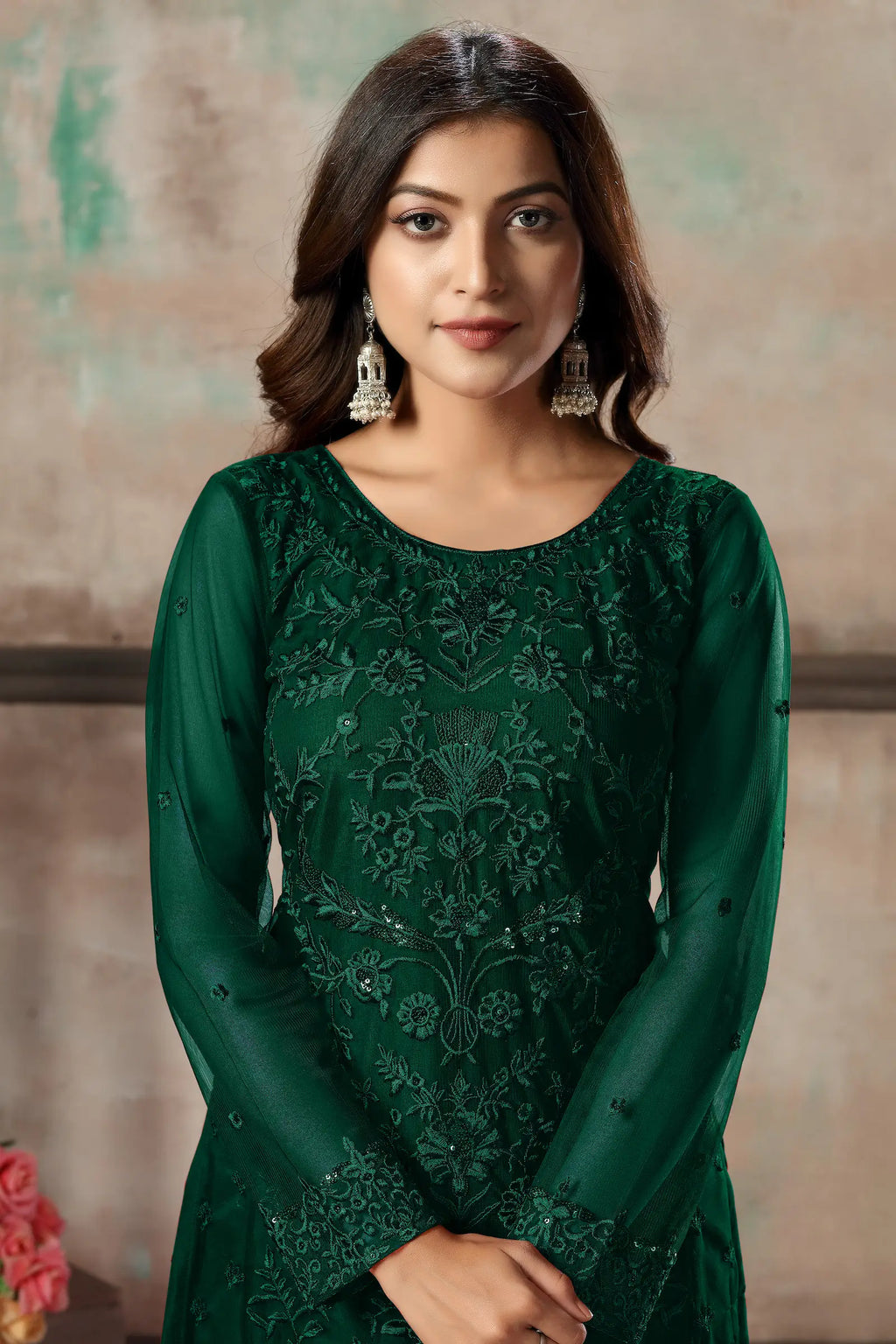 Green Net Salwar Suit With Thread & Sequence Embroidery Work