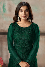 Green Net Salwar Suit With Thread & Sequence Embroidery Work