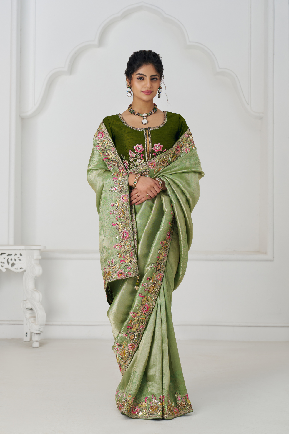 Mehendi Color Saree With Multi-thread And Sequins Embroidery For Wedding - qivii