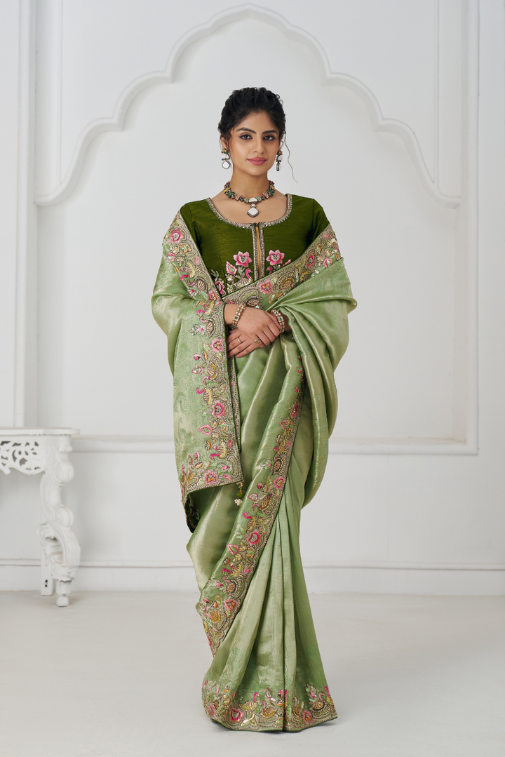 Mehendi Color Saree With Multi-thread And Sequins Embroidery For Wedding - qivii