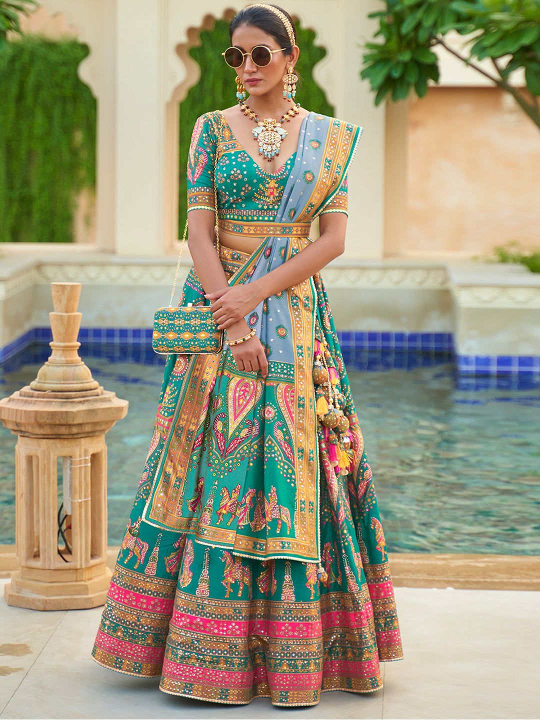 Turquoise Blue Designer Silk Ready to Wear Lehenga Choli With Sparkle & Mirror Work - qivii