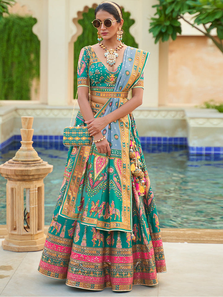 Turquoise Blue Designer Silk Ready to Wear Lehenga Choli With Sparkle & Mirror Work - qivii