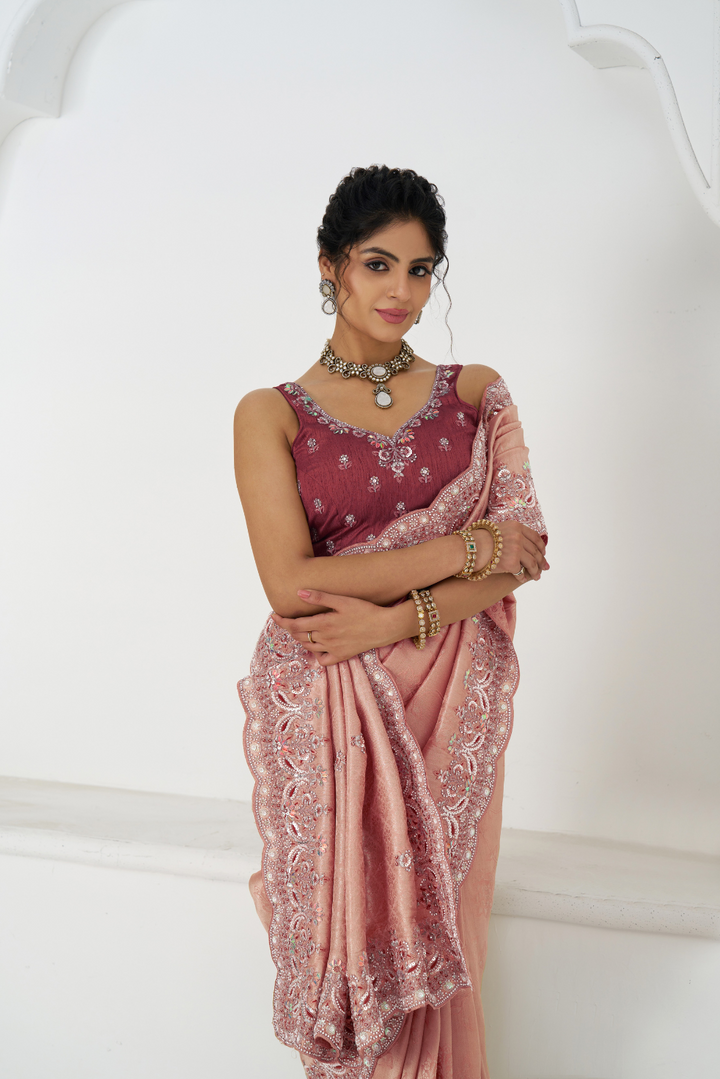 Latest Pink Pure Dola Silk Saree With Sequins And Beads Embroidery For Brides - qivii