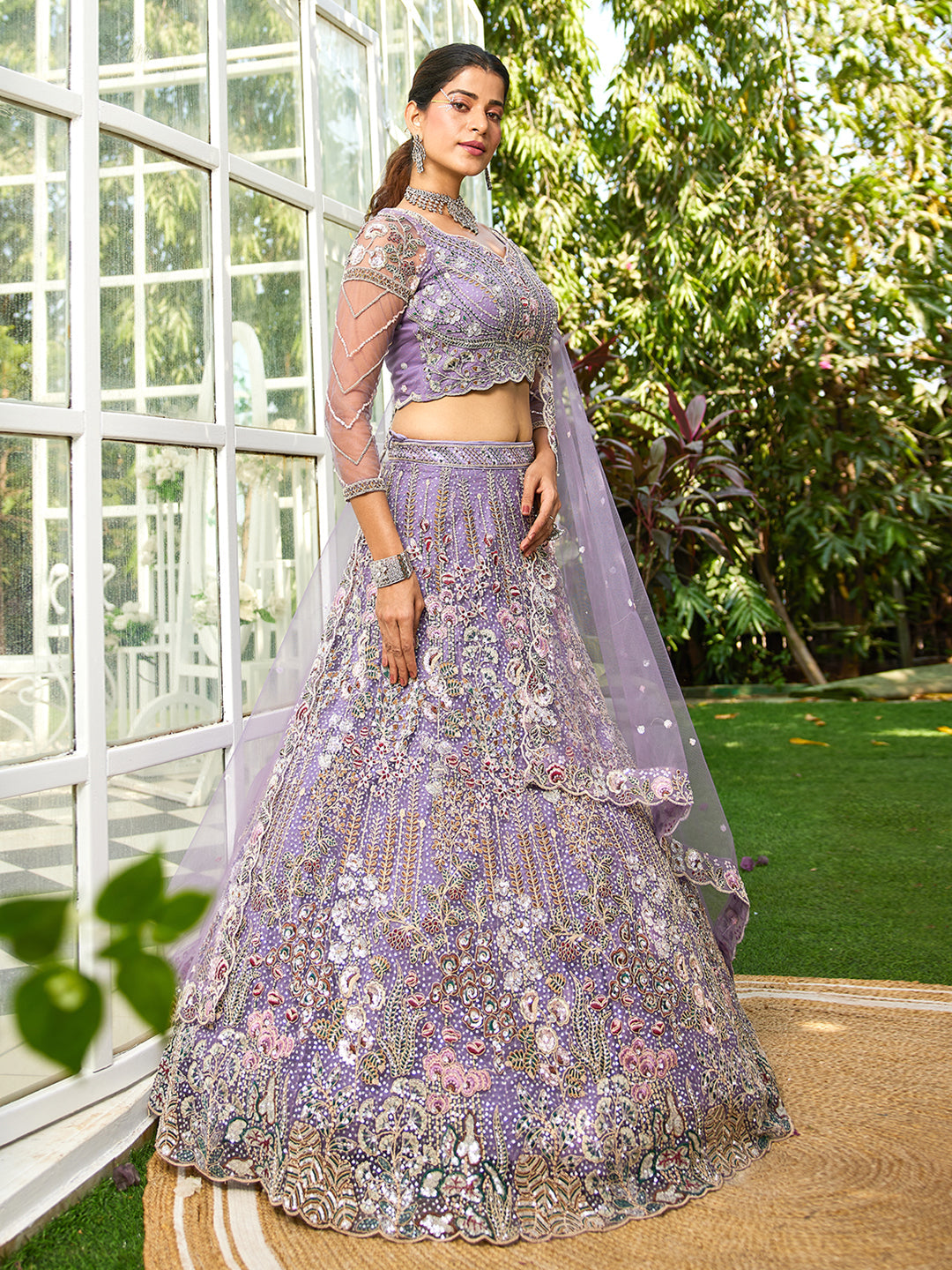 Lavender - Net Heavy Embroidered Multi-Color Sequins Work Using Zarkan & Mirror Semi-Stitched Lehenga Choli - qivii