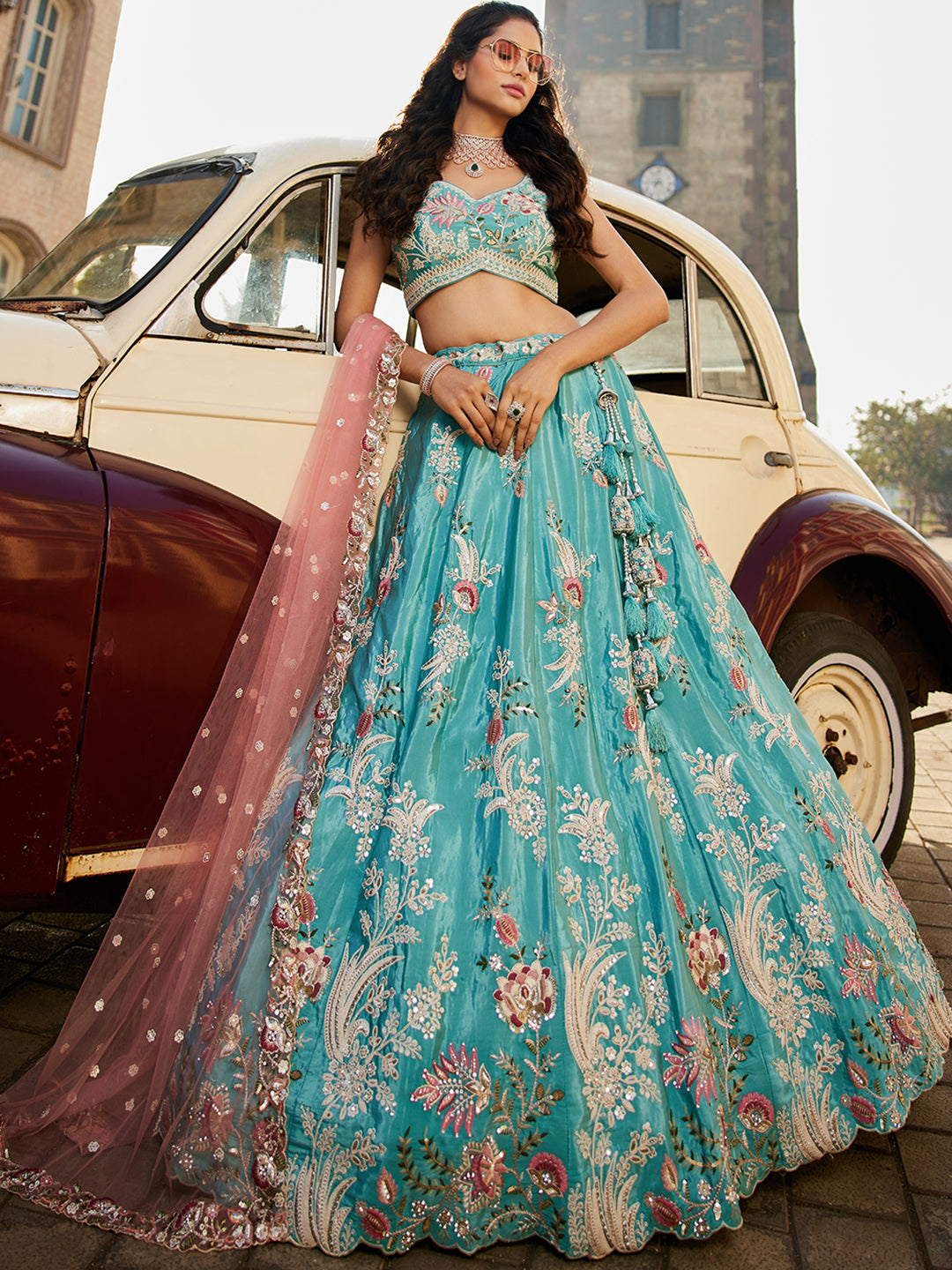 TURQUOISEBLUE - Satin Silk Fabric Sequins embroidery Semi-Stitched Lehenga choli & Dupatta - qivii