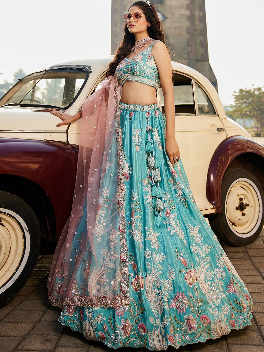 TURQUOISEBLUE - Satin Silk Fabric Sequins embroidery Semi-Stitched Lehenga choli & Dupatta - qivii