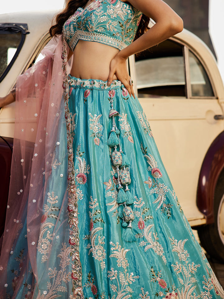 TURQUOISEBLUE - Satin Silk Fabric Sequins embroidery Semi-Stitched Lehenga choli & Dupatta - qivii