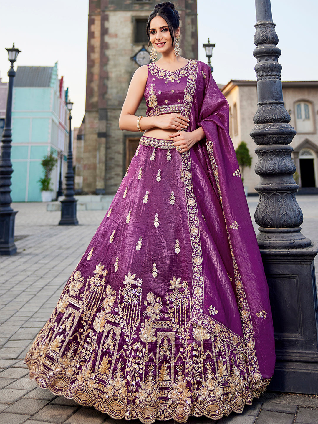 BURGUNDY - Tissue Fabric Handwork cutdana embroidery Semi-Stitched Lehenga choli & Dupatta - qivii