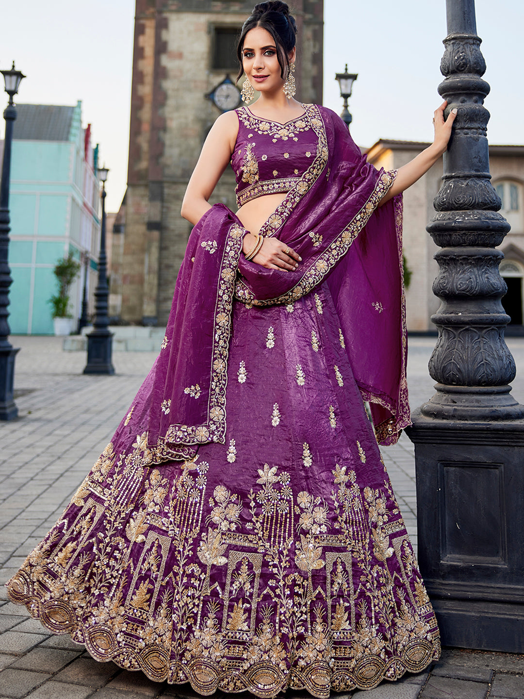 BURGUNDY - Tissue Fabric Handwork cutdana embroidery Semi-Stitched Lehenga choli & Dupatta - qivii