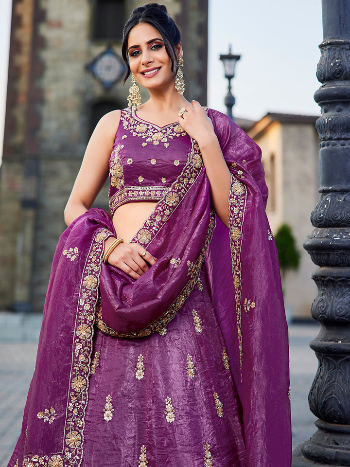 BURGUNDY - Tissue Fabric Handwork cutdana embroidery Semi-Stitched Lehenga choli & Dupatta - qivii