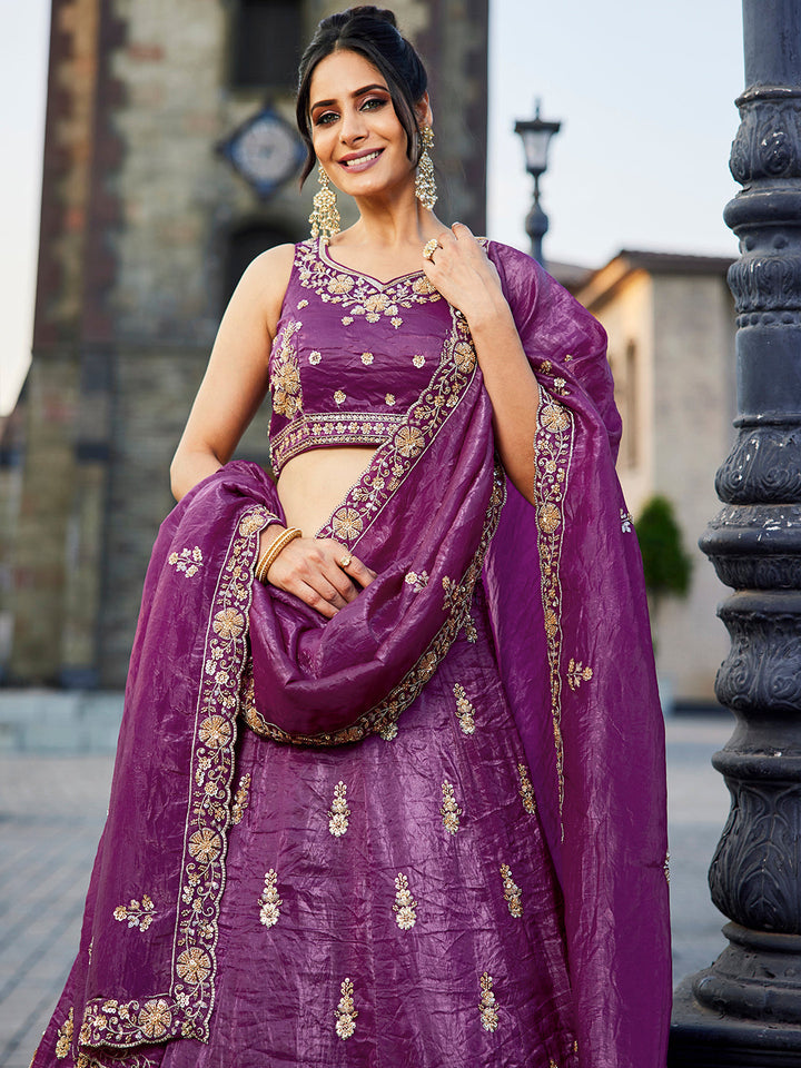 BURGUNDY - Tissue Fabric Handwork cutdana embroidery Semi-Stitched Lehenga choli & Dupatta - qivii